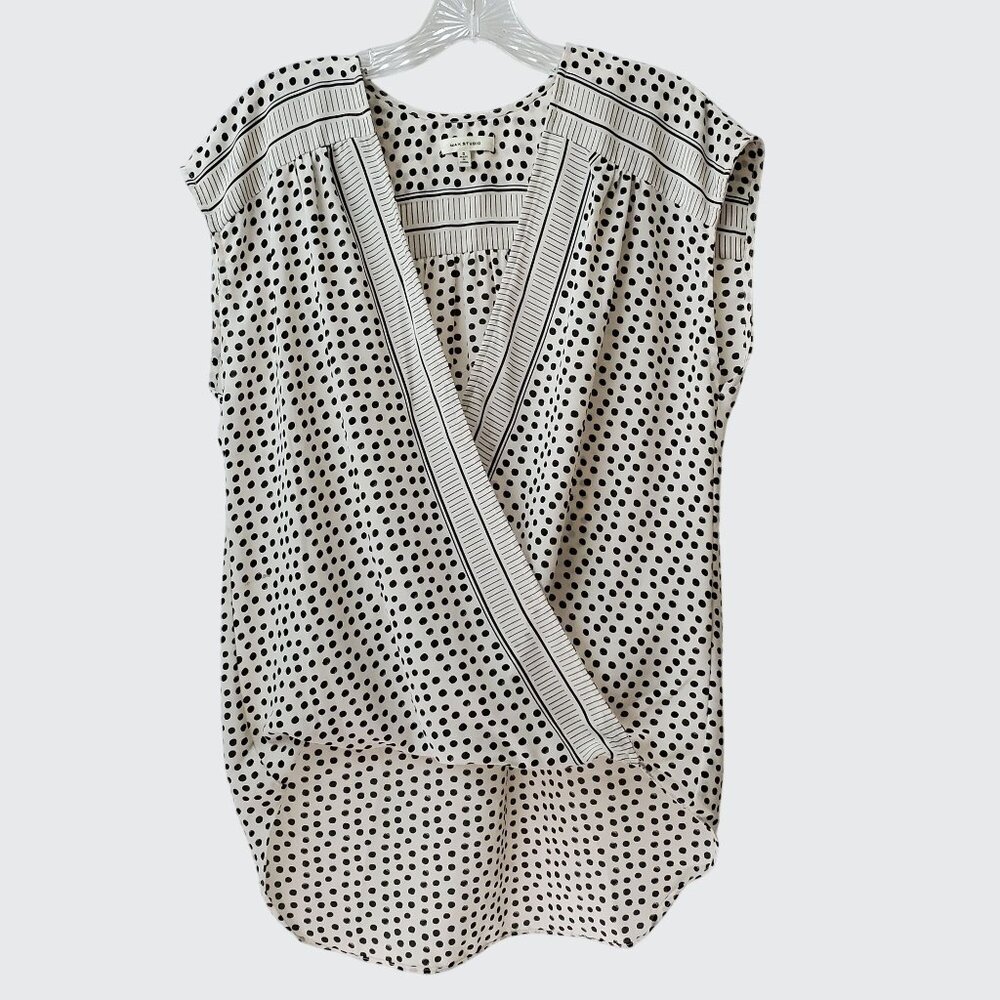 EUC Max Studio Womens Polka Dot Sleeveless Blouse Top S Polyester Black/White